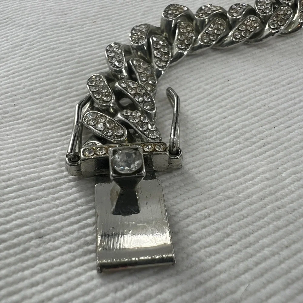 Miami Cuban Link Silver tone with rhinestones Necklace.